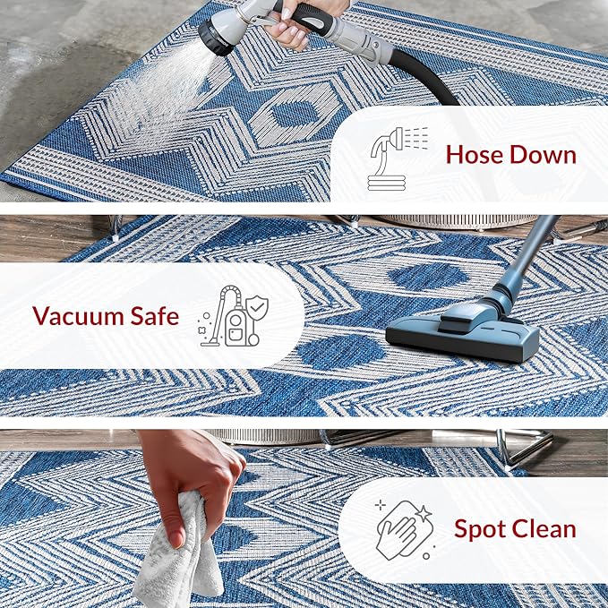 nuLOOM 6'7" Round Outdoor Tribal Geometric Area Rug, Stain Resistant, Weather Resistant, High Traffic, Patio, Balcony, Outside, Ranya Blue