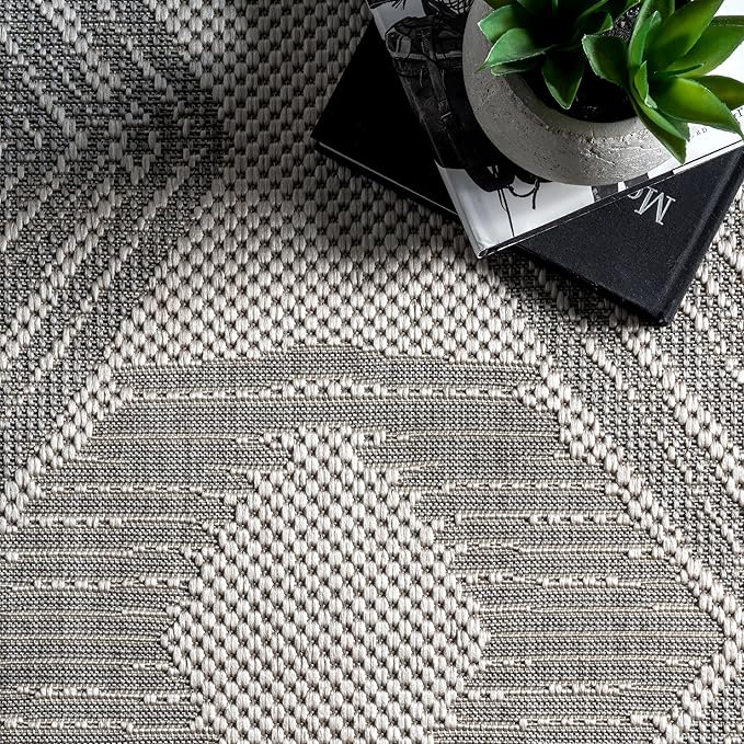 nuLOOM 7' Square Outdoor Tribal Geometric Area Rug, Stain Resistant, Weather Resistant, High Traffic, Patio, Balcony, Outside, Ranya Light Grey
