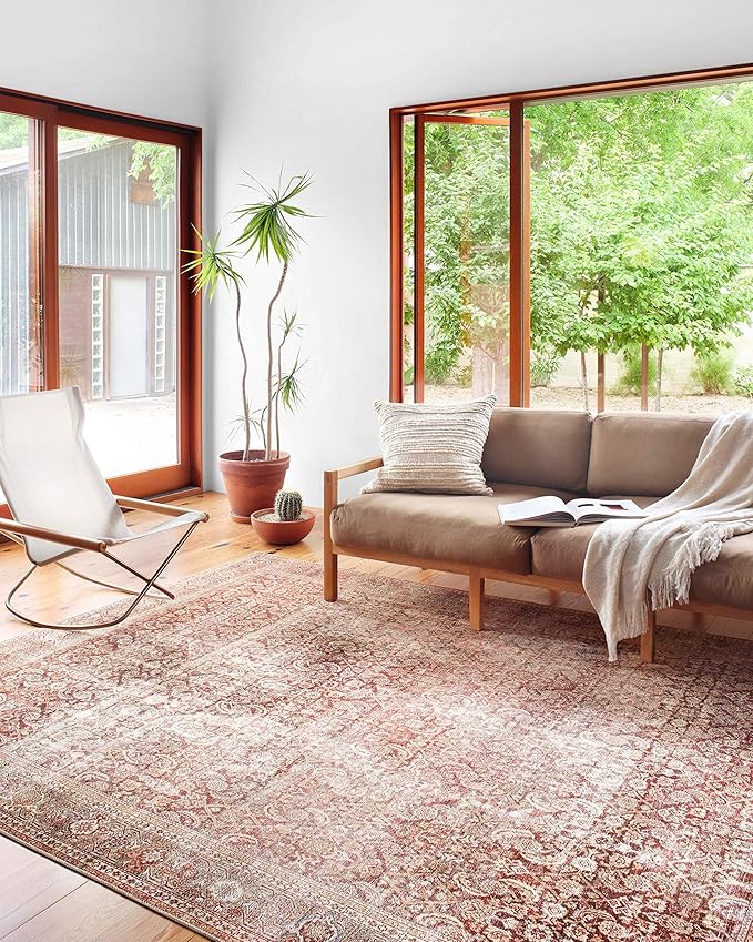 Loloi Layla Collection LAY-11 Cinnamon/Sage 7'-6" x 9'-6" .13" Thick Area Rug, Soft, Durable, Vintage Inspired, Distressed, Low Pile, Non-Shedding, Easy Clean, Printed, Living Room Rug
