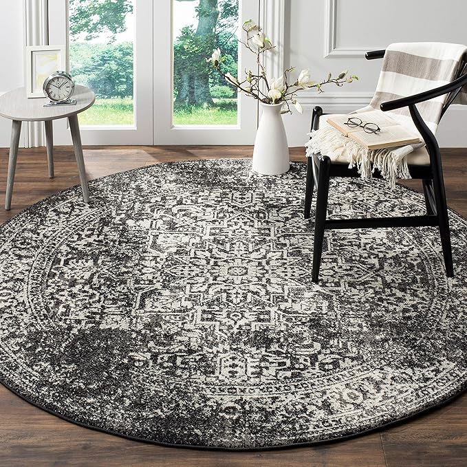 SAFAVIEH Evoke Collection Area Rug - 5'3" Round, Black & Grey, Distressed Design, Non-Shedding & Easy to Clean, Ideal for Living Room, Bedroom, Dining Space (EVK256R)