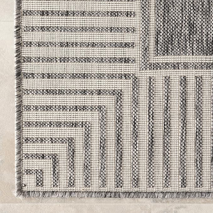 nuLOOM 10' x 14' Outdoor Area Rug, Casual Design with Striped Border, Stain Resistant, Highly Durable, for Patio, Balcony, Bedroom, Living Room, Dining Room, Bathroom, Steel
