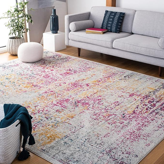 SAFAVIEH Evoke Collection Area Rug - 6'7" Square, Ivory & Fuchsia, Distressed Design, Non-Shedding & Easy to Clean, Ideal for Living Room, Bedroom, Dining Space (EVK256Q)