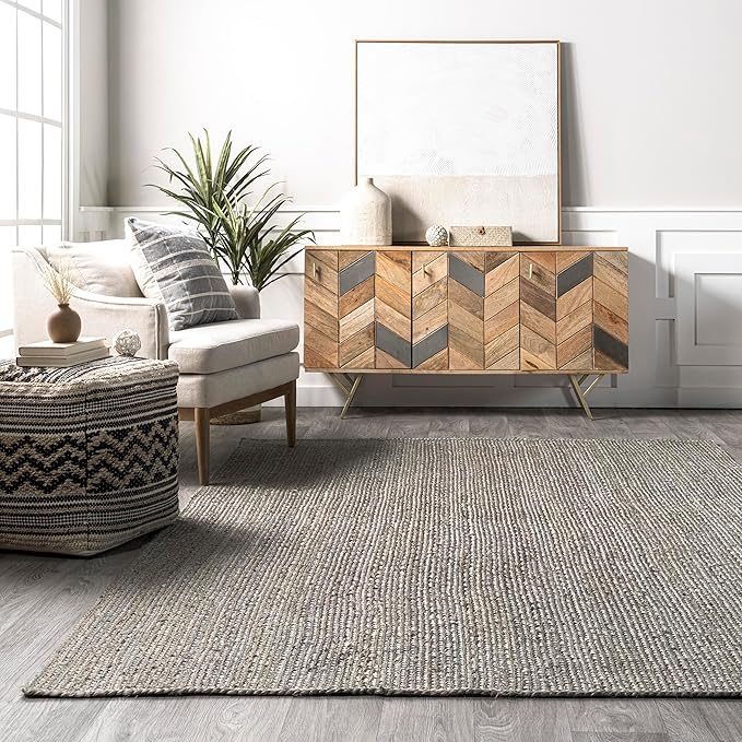 nuLOOM 3x5 Rigo Jute Hand Woven Area Rug, Grey, Solid Farmhouse Design, Natural Fiber, For Bedroom, Living Room, Dining Room, Hallway, Office, Kitchen, Entryway
