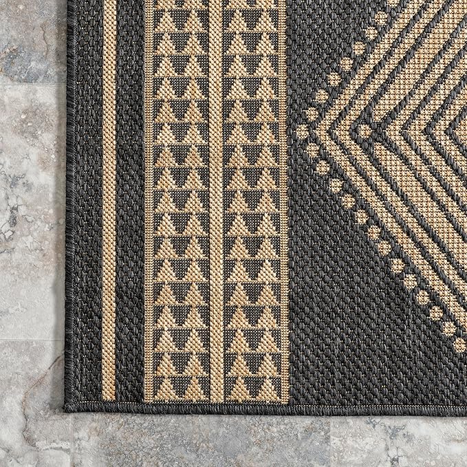 nuLOOM 8' x 10' Outdoor Tribal Geometric Area Rug, Stain Resistant, Weather Resistant, High Traffic, Patio, Balcony, Outside, Ranya Dark Grey