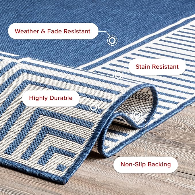 nuLOOM 10' x 13' Outdoor Area Rug, Casual Design with Striped Border, Stain Resistant, Highly Durable, for Patio, Balcony, Bedroom, Living Room, Dining Room, Bathroom, Navy