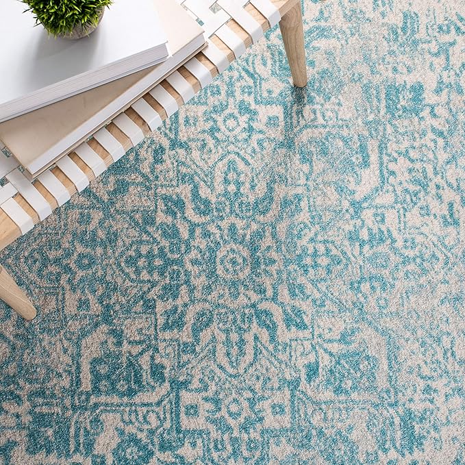 SAFAVIEH Evoke Collection 6'7" x 9' Ivory / Aqua EVK256J Oriental Distressed Non-Shedding Living Room Bedroom Dining Home Office Area Rug