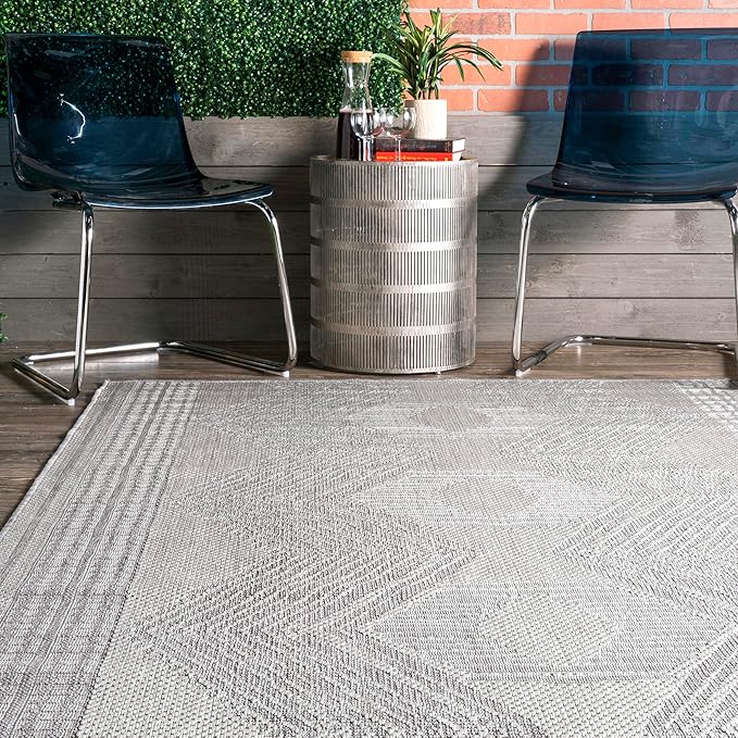 nuLOOM 10' x 13' Outdoor Tribal Geometric Area Rug, Stain Resistant, Weather Resistant, High Traffic, Patio, Balcony, Outside, Ranya Light Grey