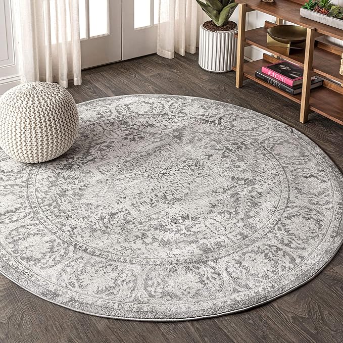 JONATHAN Y Modern Vintage Medallion Light Gray 8' Round Indoor Area Rug, Country, Floral, Easy-Cleaning for Living Room, Bedroom, Kitchen, Pet Friendly, Non-Shedding (MDP100A-8R)