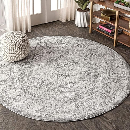 JONATHAN Y Modern Vintage Medallion Light Gray 5' Round Indoor Area Rug, Country, Floral, Easy-Cleaning for Living Room, Bedroom, Kitchen, Pet Friendly, Non-Shedding (MDP100A-5R)