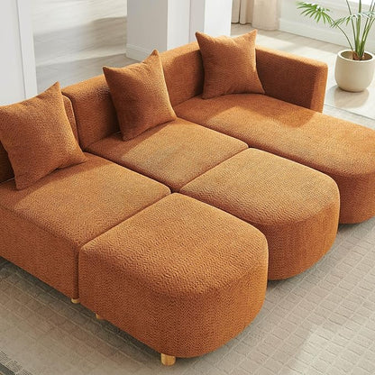VANOMi 109.84" Modular Sectional Sofa with 3 Pillows, Convertible 5-Seater Comfy Boucle Cloud Couch with Ottoman, Modern Sectional Sofas for Living Room, Office, Apartment (Curry)