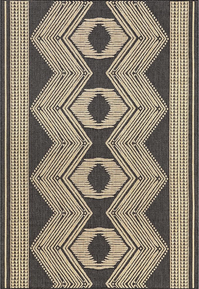 nuLOOM 2' x 3' Outdoor Tribal Geometric Area Rug, Stain Resistant, Weather Resistant, High Traffic, Patio, Balcony, Outside, Ranya Dark Grey