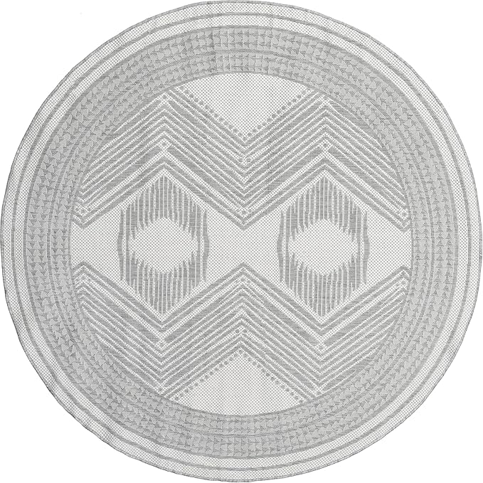 nuLOOM 8' Round Outdoor Tribal Geometric Area Rug, Stain Resistant, Weather Resistant, High Traffic, Patio, Balcony, Outside, Ranya Light Grey