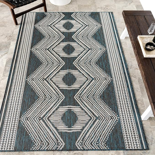 nuLOOM 4' x 6' Outdoor Tribal Geometric Area Rug, Stain Resistant, Weather Resistant, High Traffic, Patio, Balcony, Outside, Ranya Turquoise