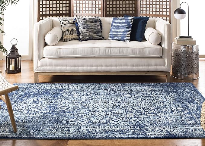 SAFAVIEH Evoke Collection Area Rug - 3' Square, Navy & Ivory, Distressed Design, Non-Shedding & Easy to Clean, Ideal for Foyer, Bedroom, Accent Space (EVK256A)