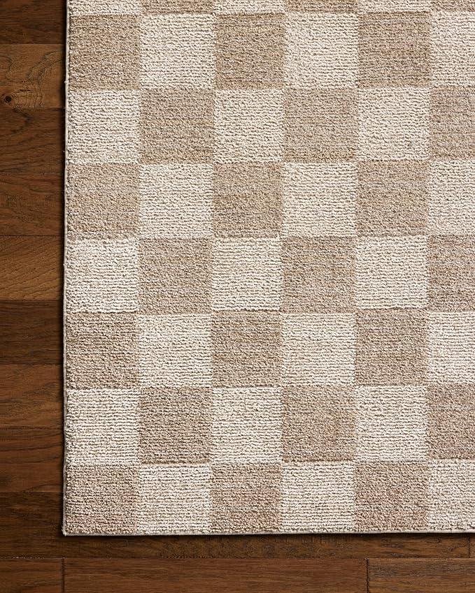 Loloi Chris Loves Julia Calvin Collection CLV-01 Pebble/Ivory 2'-3" x 3'-10" Accent Rug Checkered Neutral Soft Living Room Bedroom Carpet