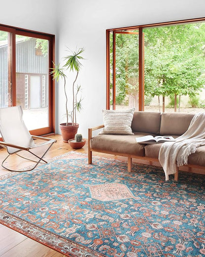 Loloi Layla Collection LAY-10 Marine/Clay 9'-0" x 12'-0" .13" Thick Area Rug, Soft, Durable, Vintage Inspired, Distressed, Low Pile, Non-Shedding, Easy Clean, Printed, Living Room Rug
