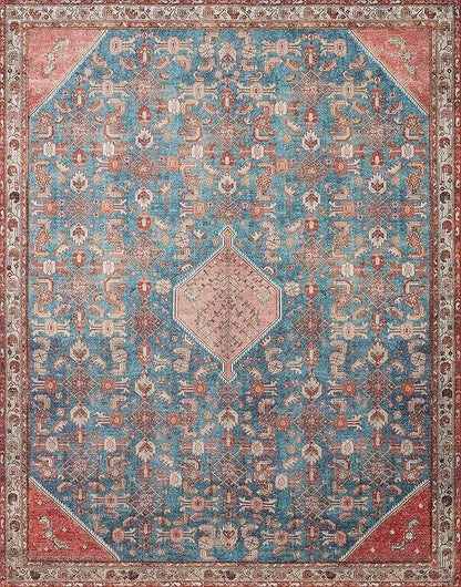 Loloi Layla Collection LAY-10 Marine/Clay 7'-6" x 9'-6" .13" Thick Area Rug, Soft, Durable, Vintage Inspired, Distressed, Low Pile, Non-Shedding, Easy Clean, Printed, Living Room Rug