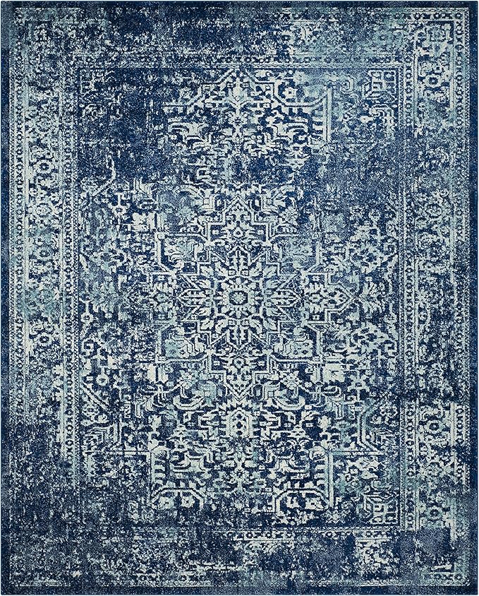 SAFAVIEH Evoke Collection Area Rug - 9' Square, Navy & Ivory, Distressed Design, Non-Shedding & Easy to Clean, Ideal for Living Room, Bedroom, Dining Space (EVK256A)