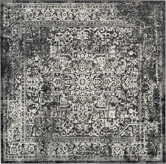 SAFAVIEH Evoke Collection Area Rug - 3' Square, Black & Grey, Distressed Design, Non-Shedding & Easy to Clean, Ideal for Foyer, Bedroom, Accent Space (EVK256R)